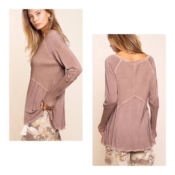 LONG Sleeve Top with Ribbed Detail Light Wash - Picture 7 of 14